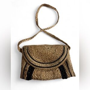 Elegant Tan and Black Woven Crossbody Bag